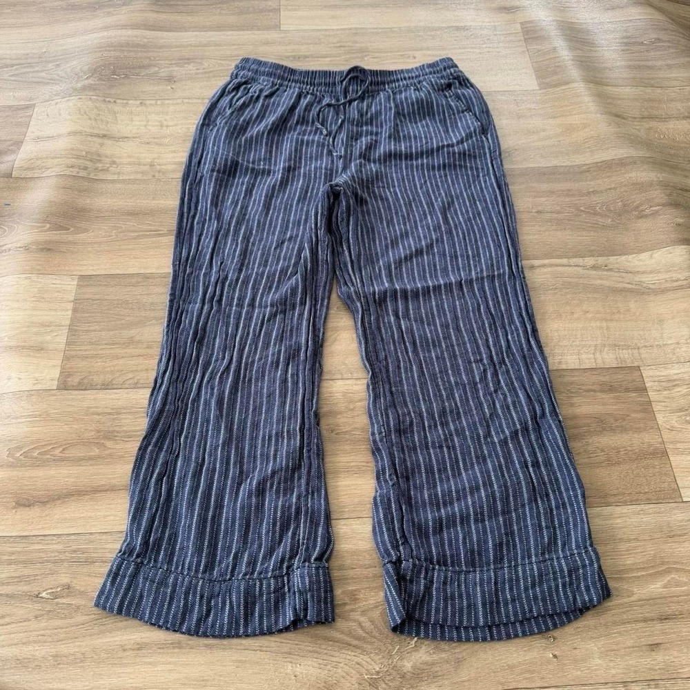 navy blue linen striped straight leg pants